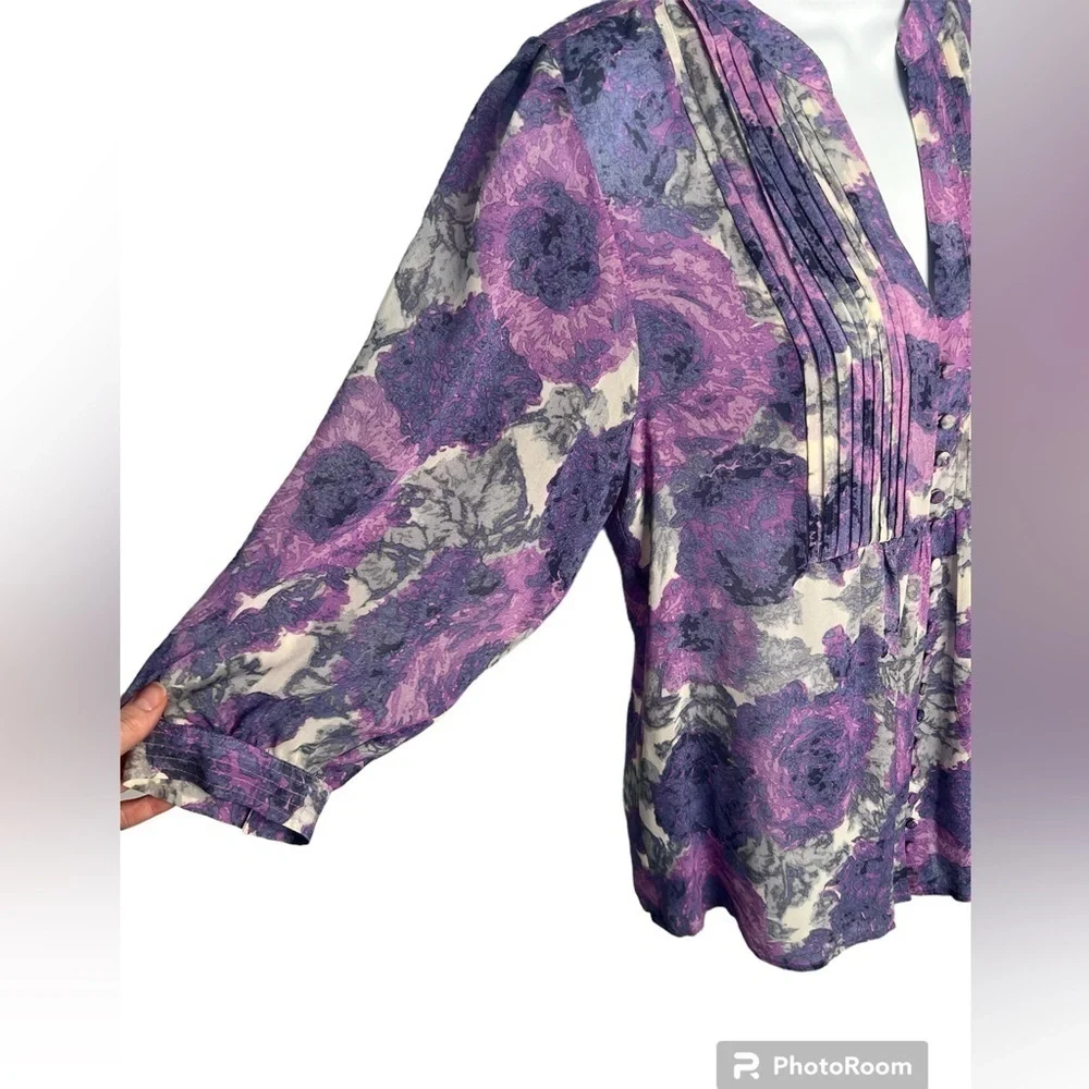 Joie purple floral 100% silk 3/4 sleeve button front top blouse size XS - Picture 5 of 13